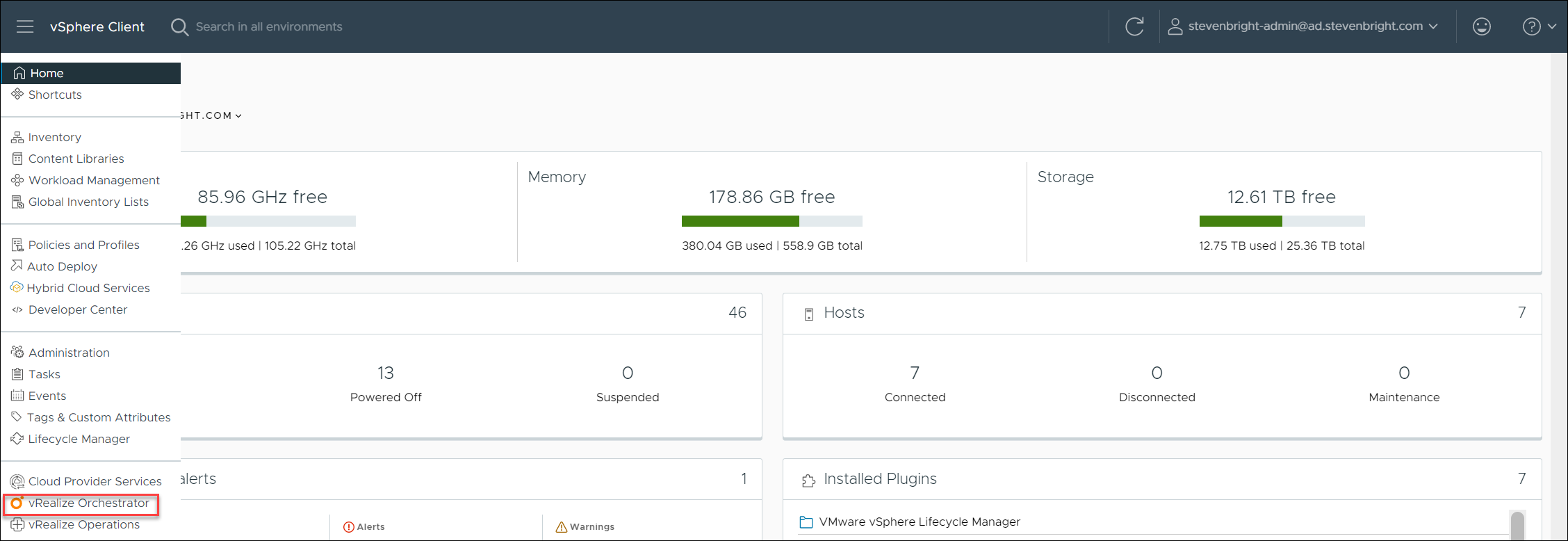 Screenshot showing the new vRealize Orchestrator plug-in added to the VMware vSphere Client’s left navigation panel