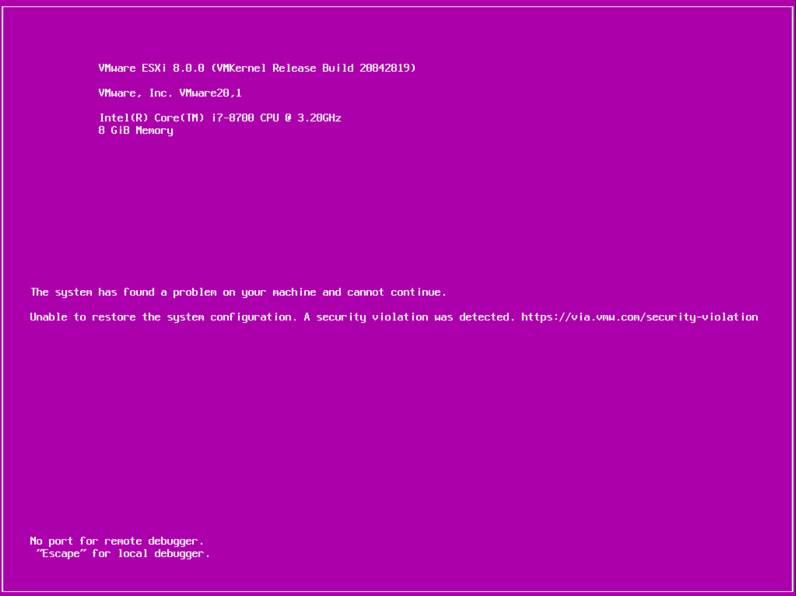 VMware ESXi 8.0 Purple Screen of Death (PSOD) that states the host is unable to restore the system configuration