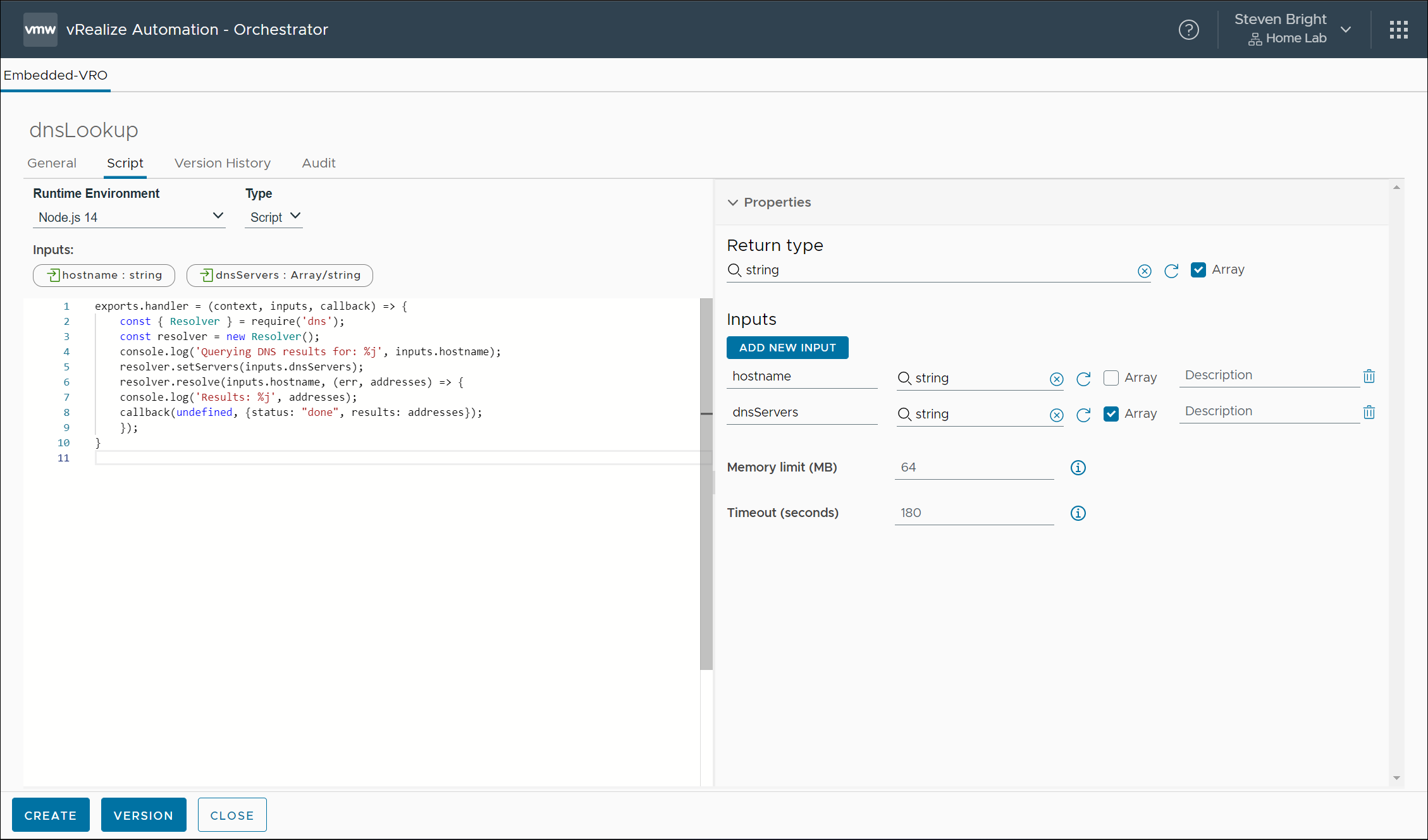VMware Aria Automation Orchestrator action definition using our Node.js lookup code