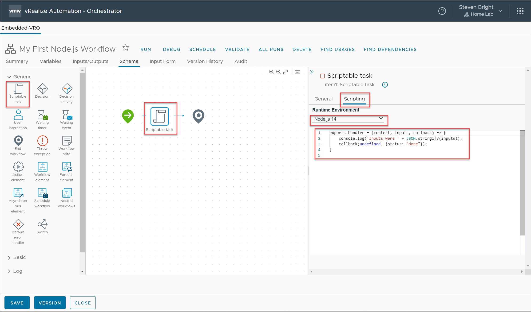 VMware Aria Automation Orchestrator Workflow with new Scriptable Task block Set to Node.js Runtime Environment