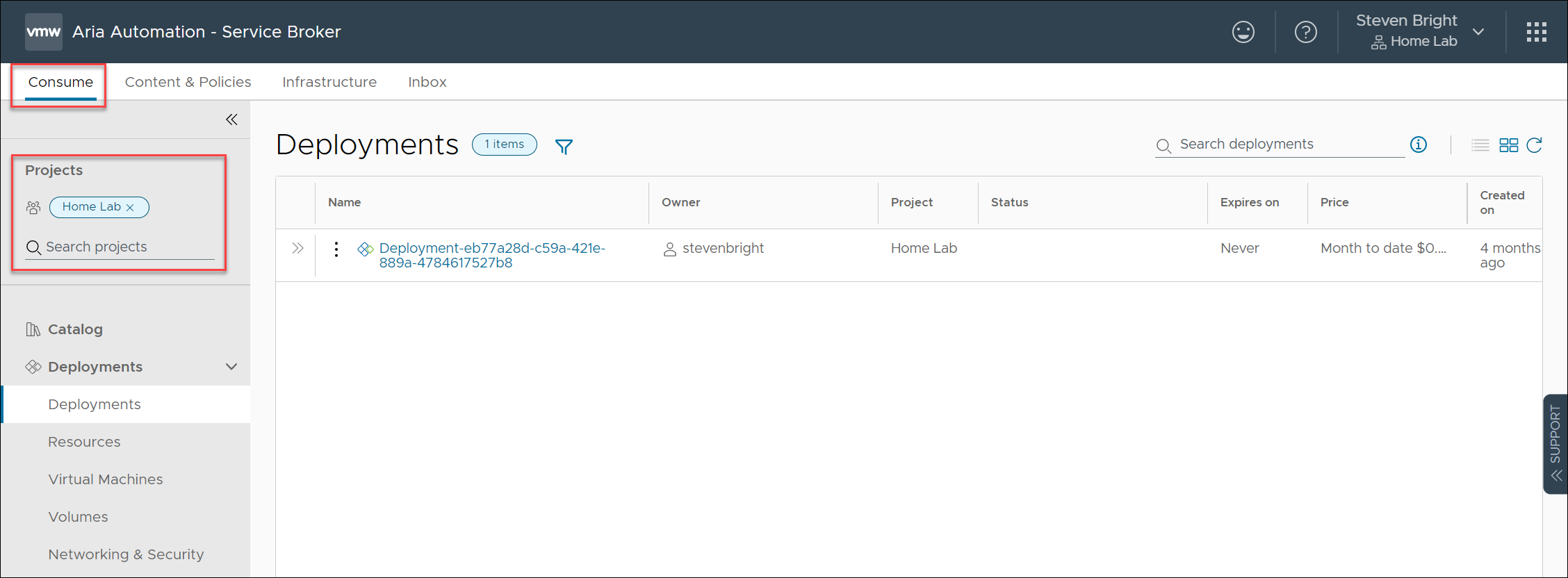 Screenshot of the new project filter within the new Consume tab in Aria Automation Service Broker