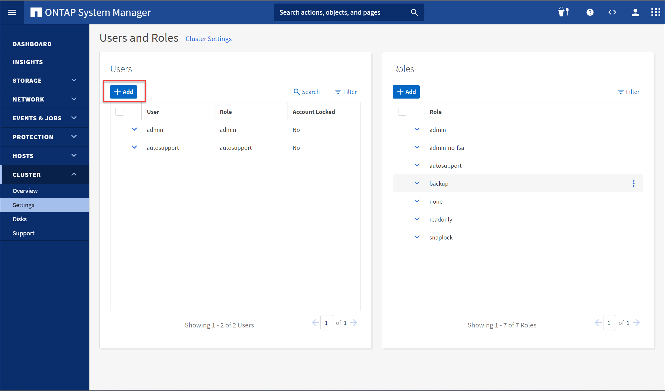 Screenshot of the NetApp ONTAP System Manager - Cluster Settings - Users and Roles UI