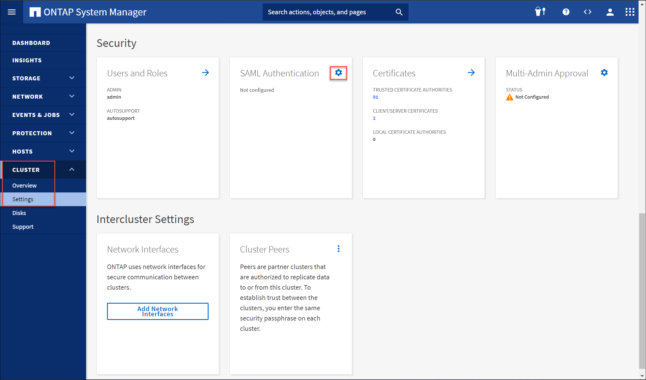 Screenshot of the NetApp ONTAP System Manager - Cluster Settings UI