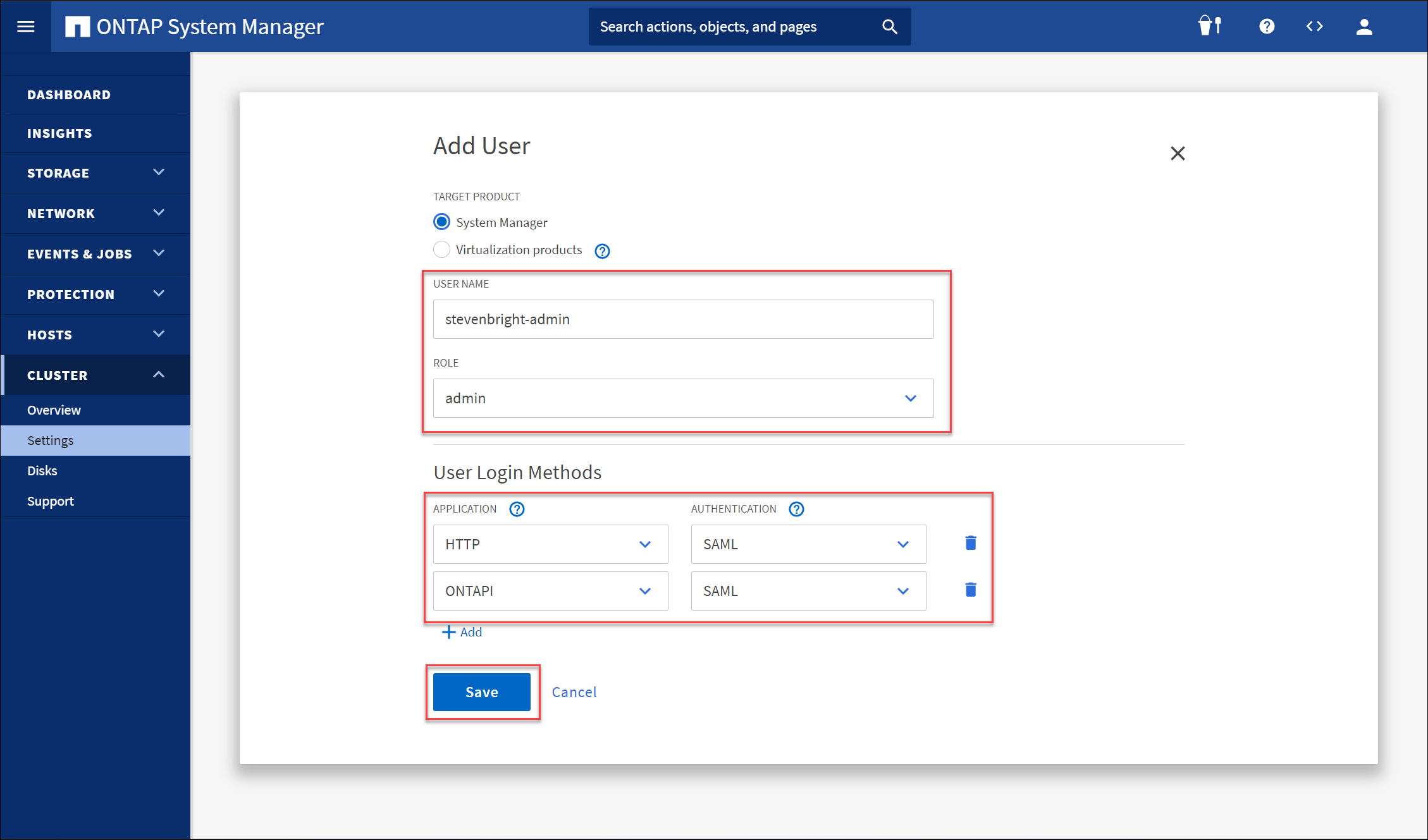 Screenshot of the NetApp ONTAP System Manager - Cluster Settings - Users and Roles - Add User UI