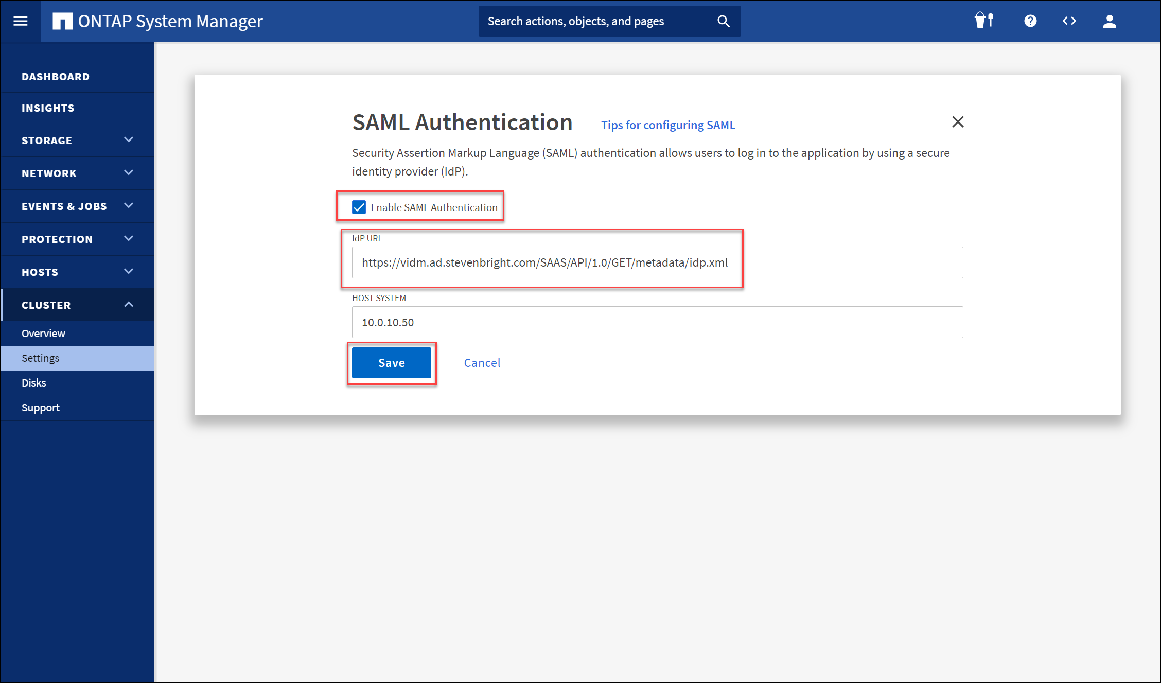 Screenshot of the NetApp ONTAP System Manager - Cluster Settings - SAML Authentication UI