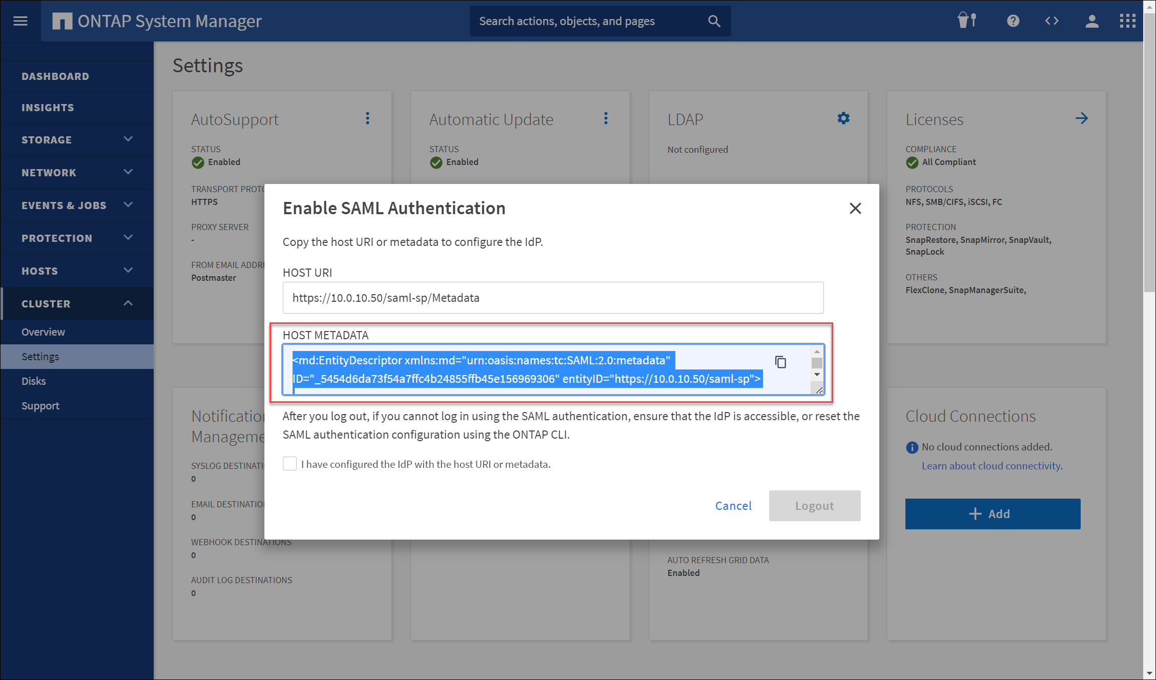 Screenshot of the NetApp ONTAP System Manager - Cluster Settings - SAML Authentication - Enable SAML Authentication Metadata UI
