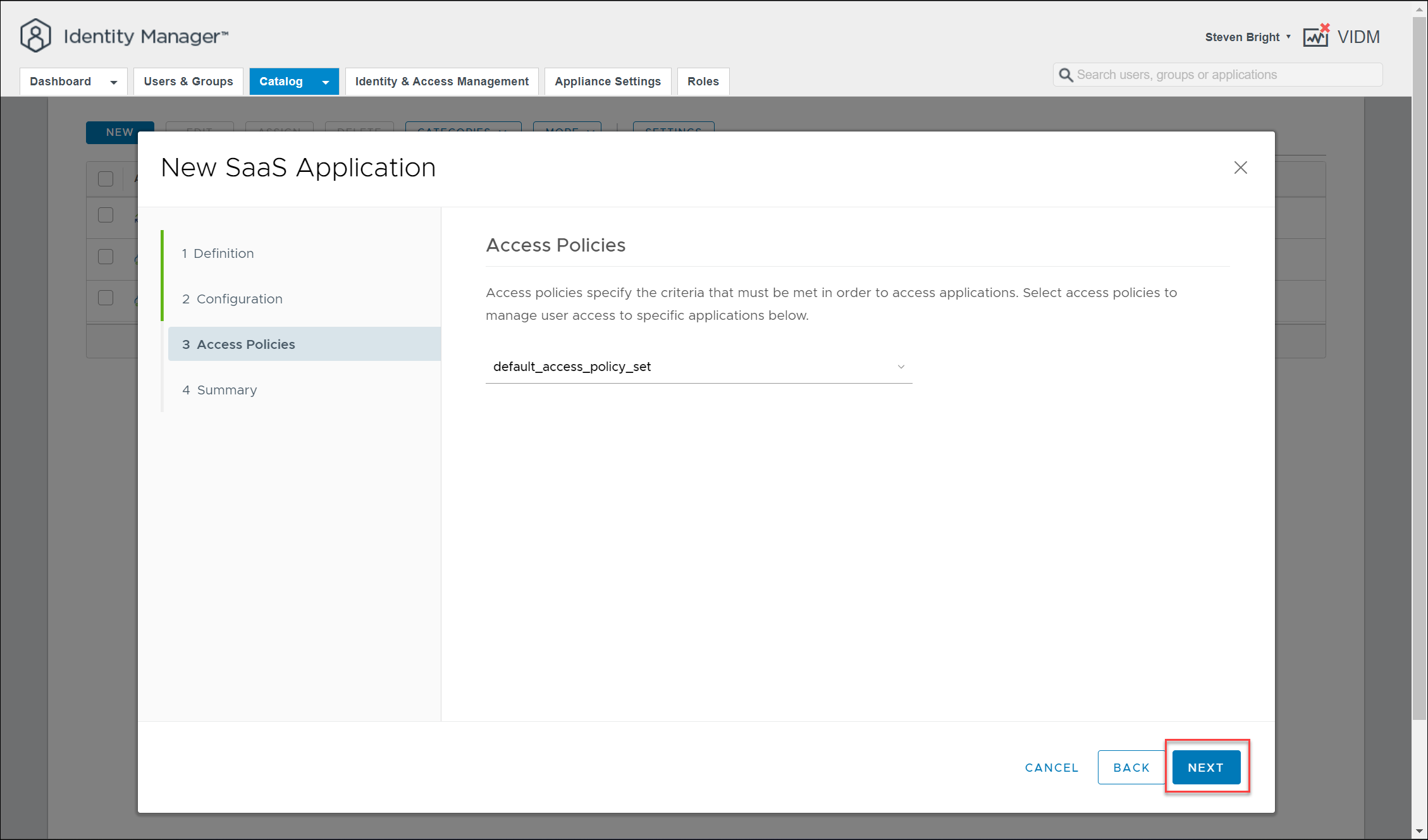 Screenshot of the VMware Identity Manager - Catalog - New SaaS Application - Access Policies UI