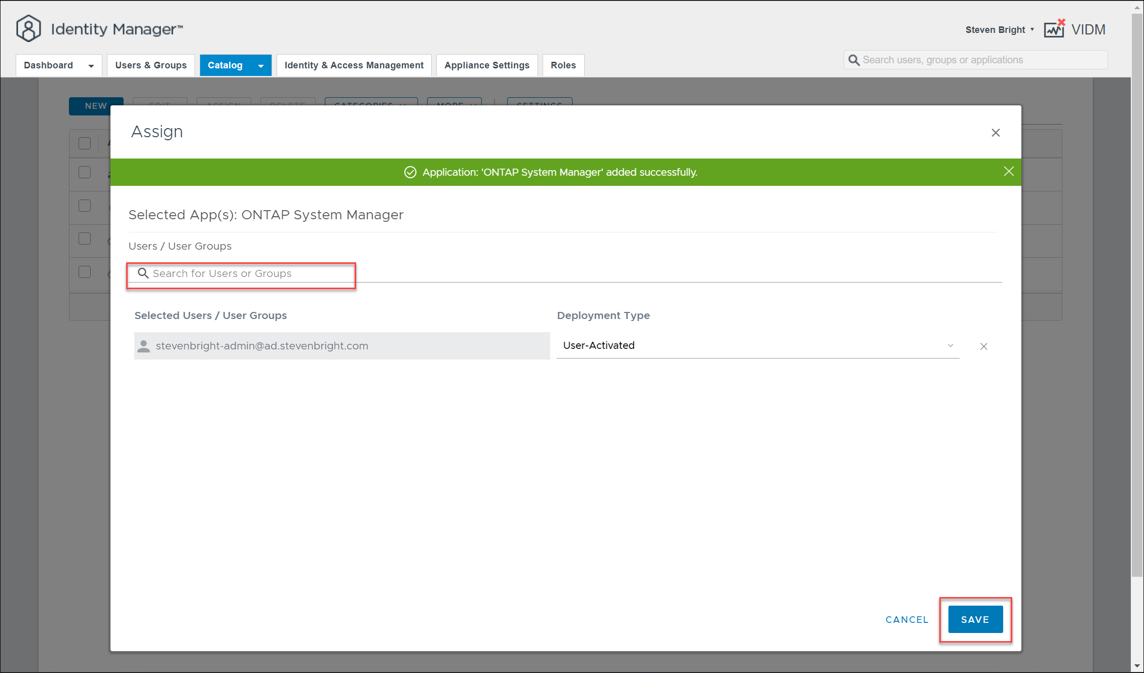 Screenshot of the VMware Identity Manager - Catalog - New SaaS Application - Assign Users UI