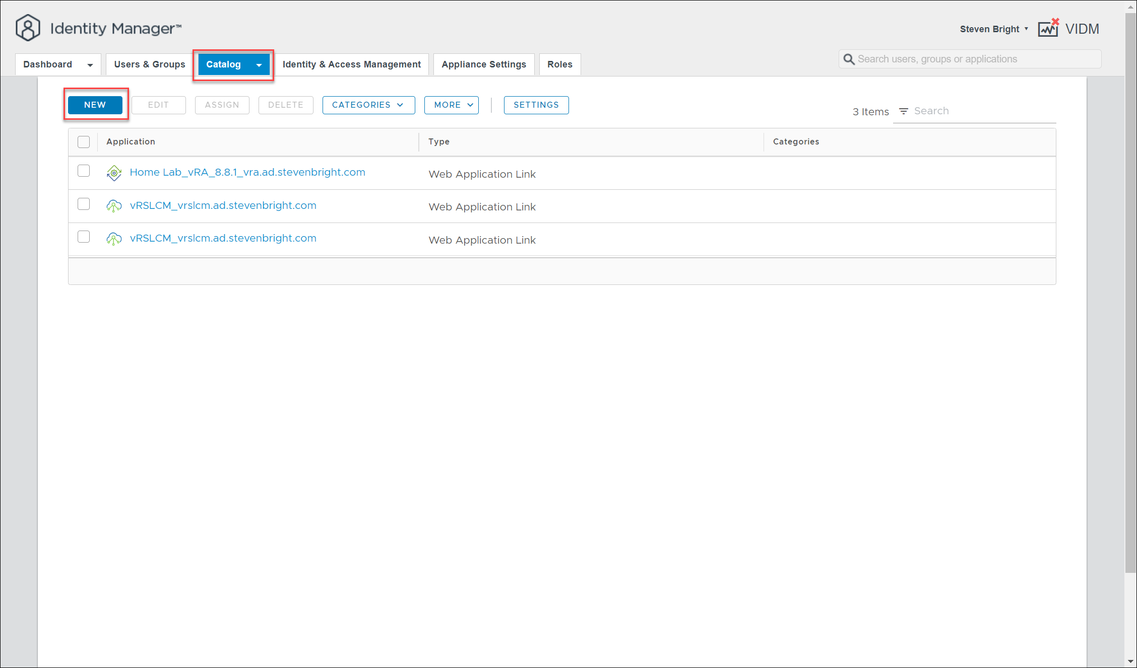 Screenshot of the VMware Identity Manager - Catalog UI