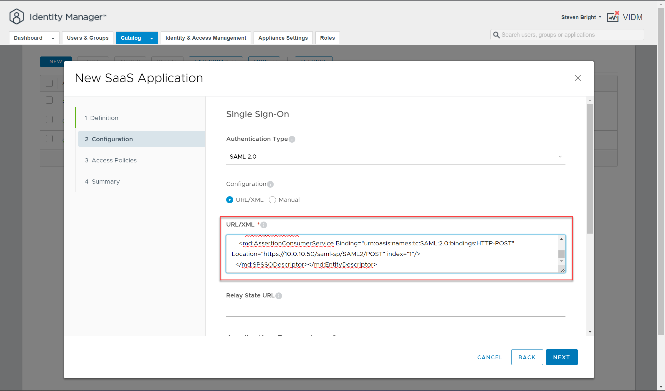 Screenshot of the VMware Identity Manager - Catalog - New SaaS Application - Configuration UI