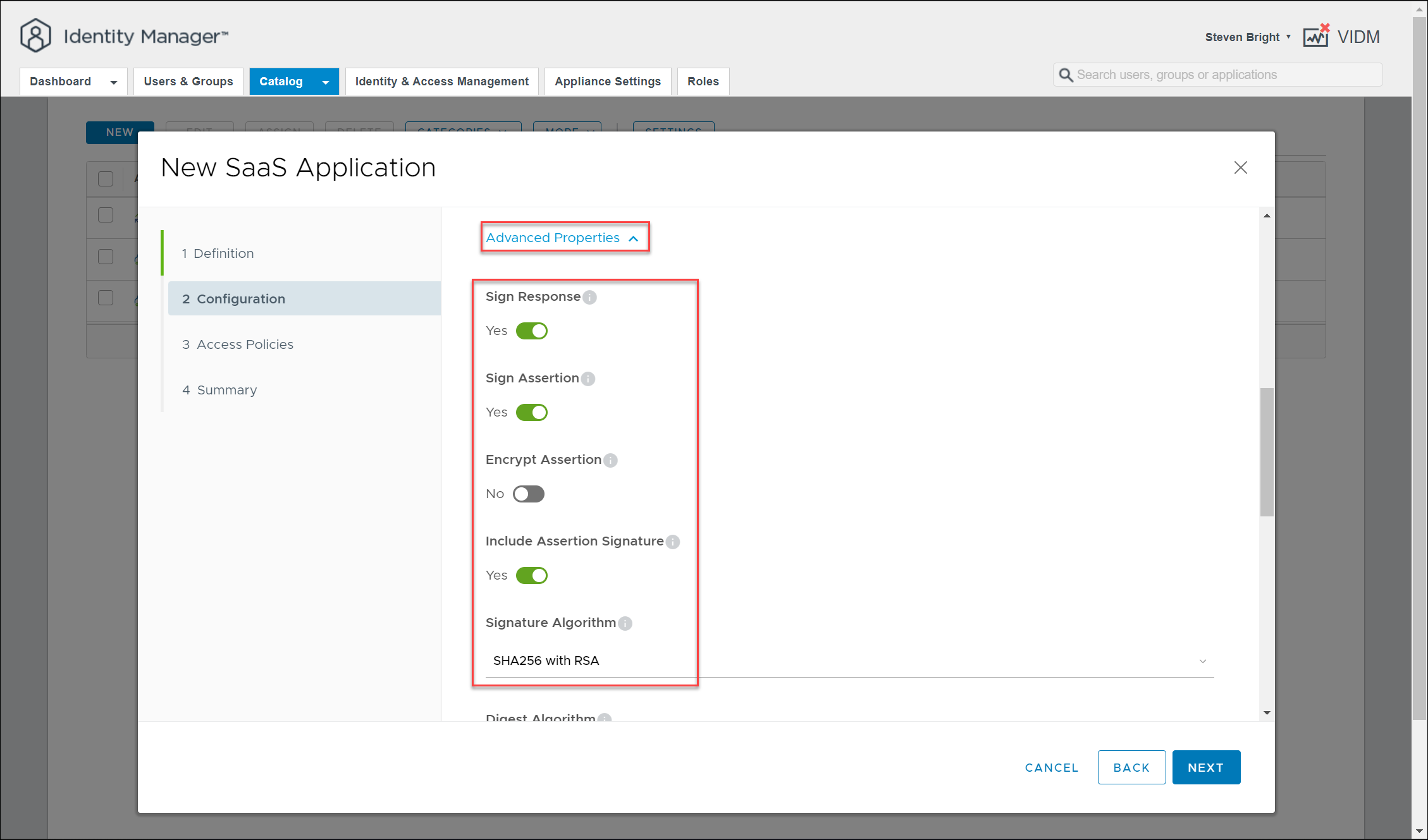 Screenshot of the VMware Identity Manager - Catalog - New SaaS Application - Configuration UI - Advanced Properties 1