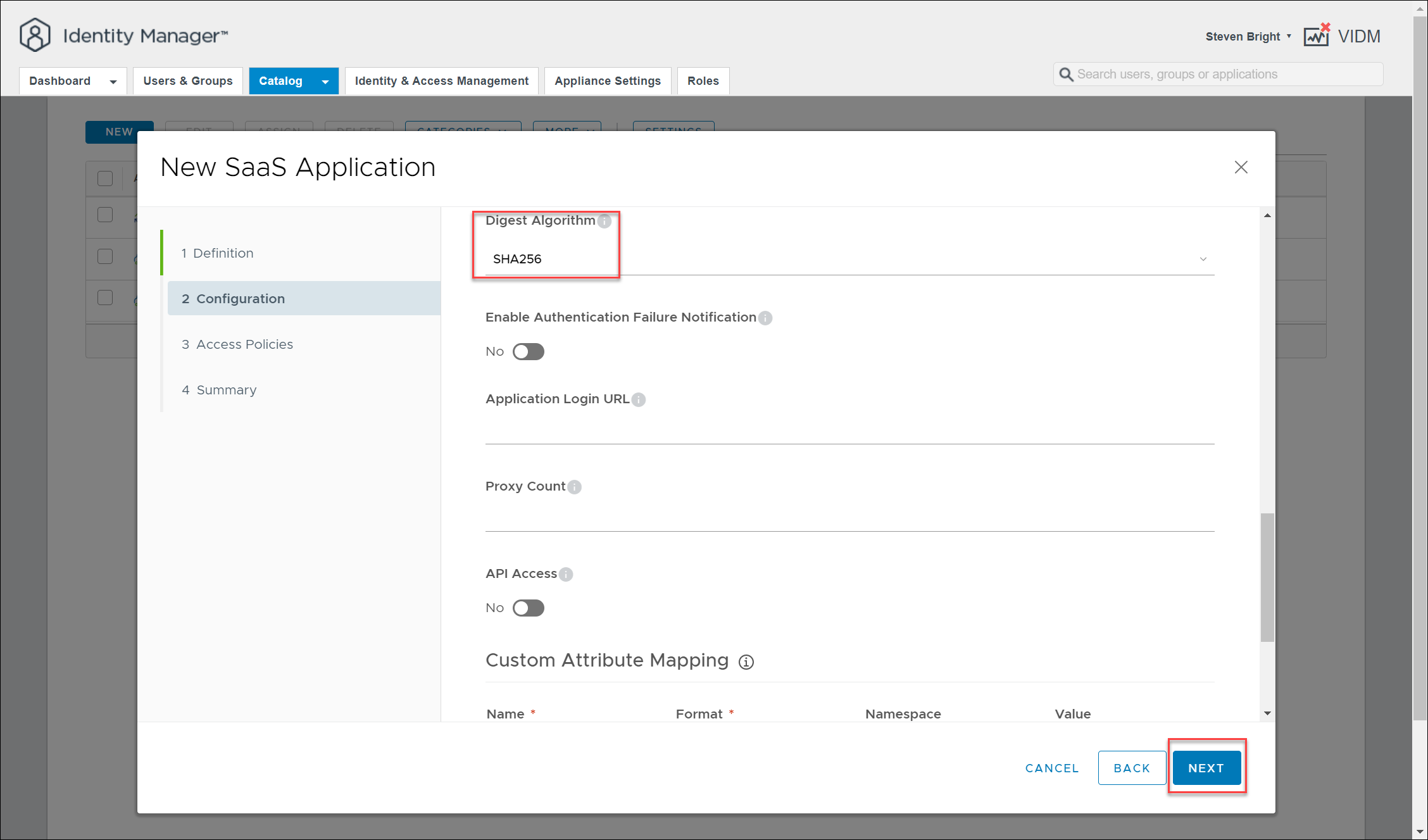 Screenshot of the VMware Identity Manager - Catalog - New SaaS Application - Configuration UI - Advanced Properties 2