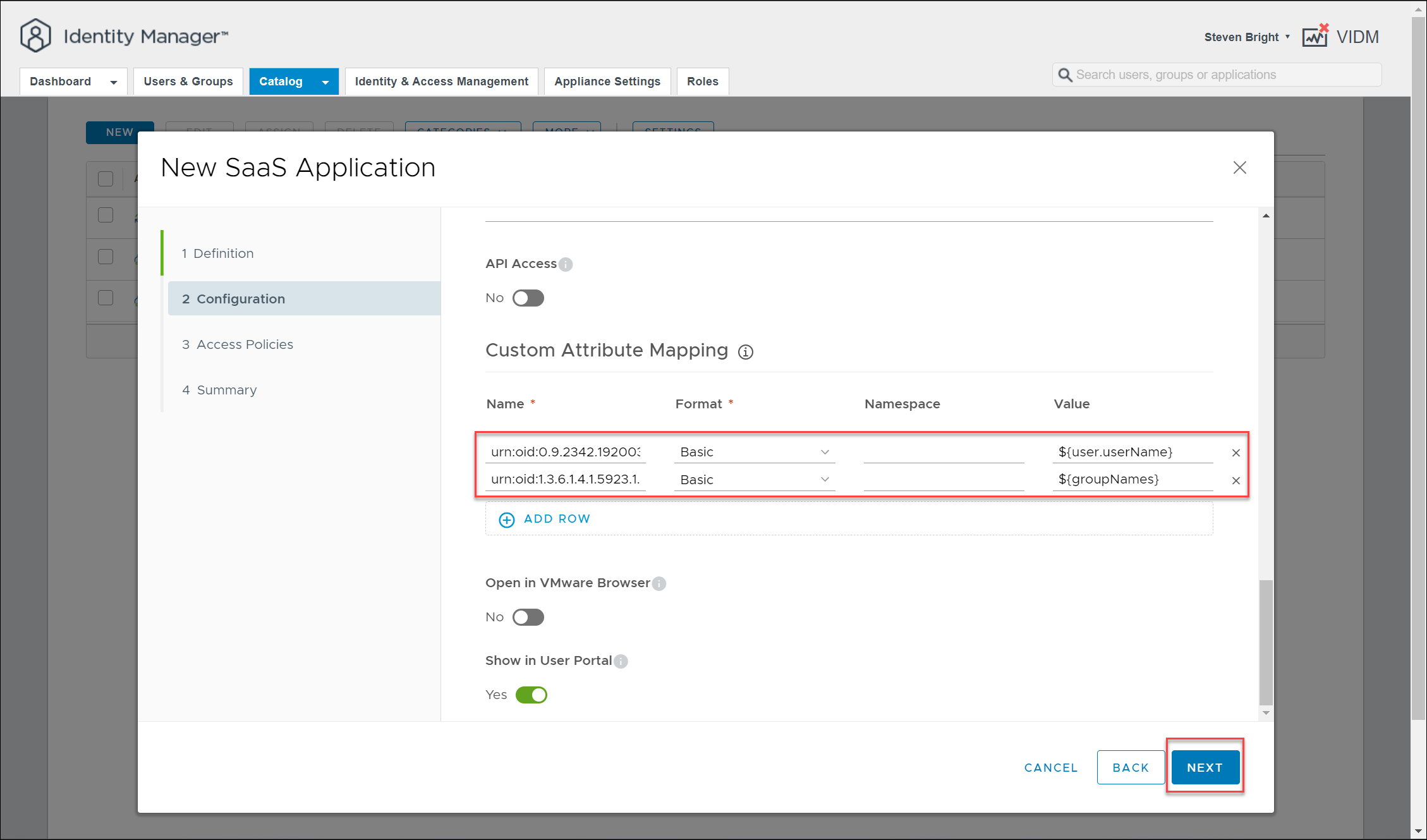Screenshot of the VMware Identity Manager - Catalog - New SaaS Application - Configuration UI - Advanced Properties 3