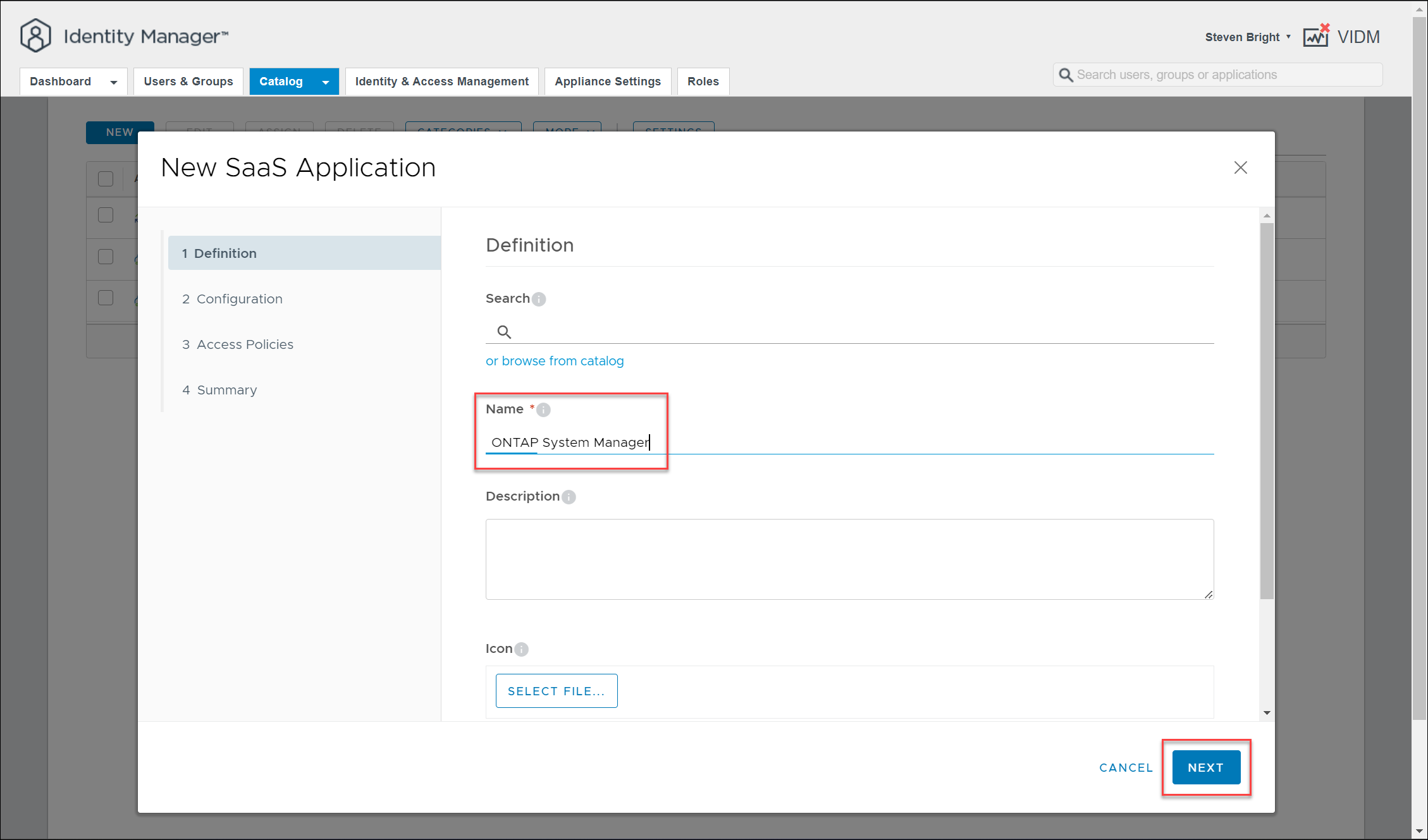 Screenshot of the VMware Identity Manager - Catalog - New SaaS Application - Definition UI