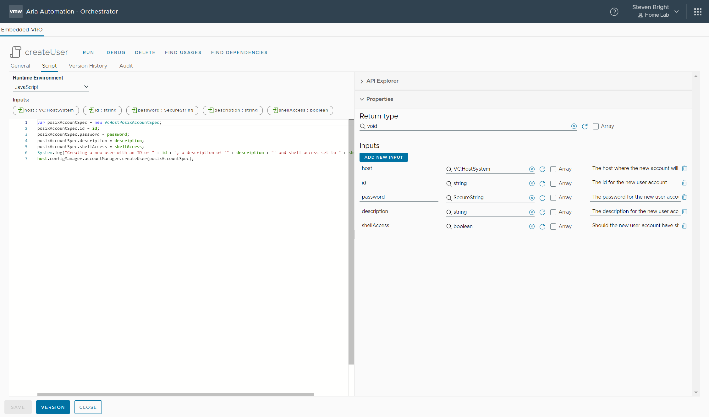 Screenshot of the createUser action in Aria Automation Orchestrator