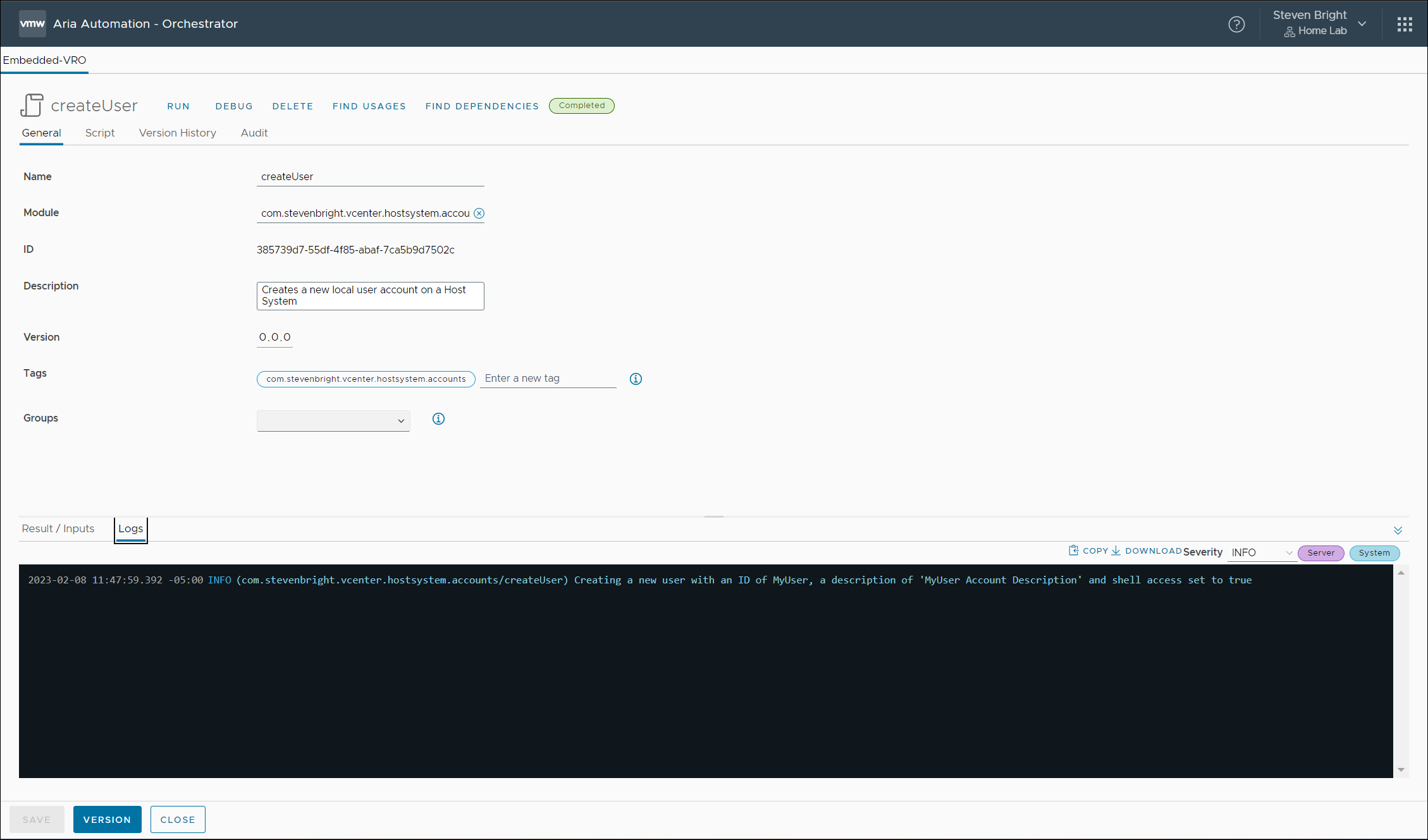 Screenshot of the VMware Aria Automation Orchestrator log listing the details of the local user account being created