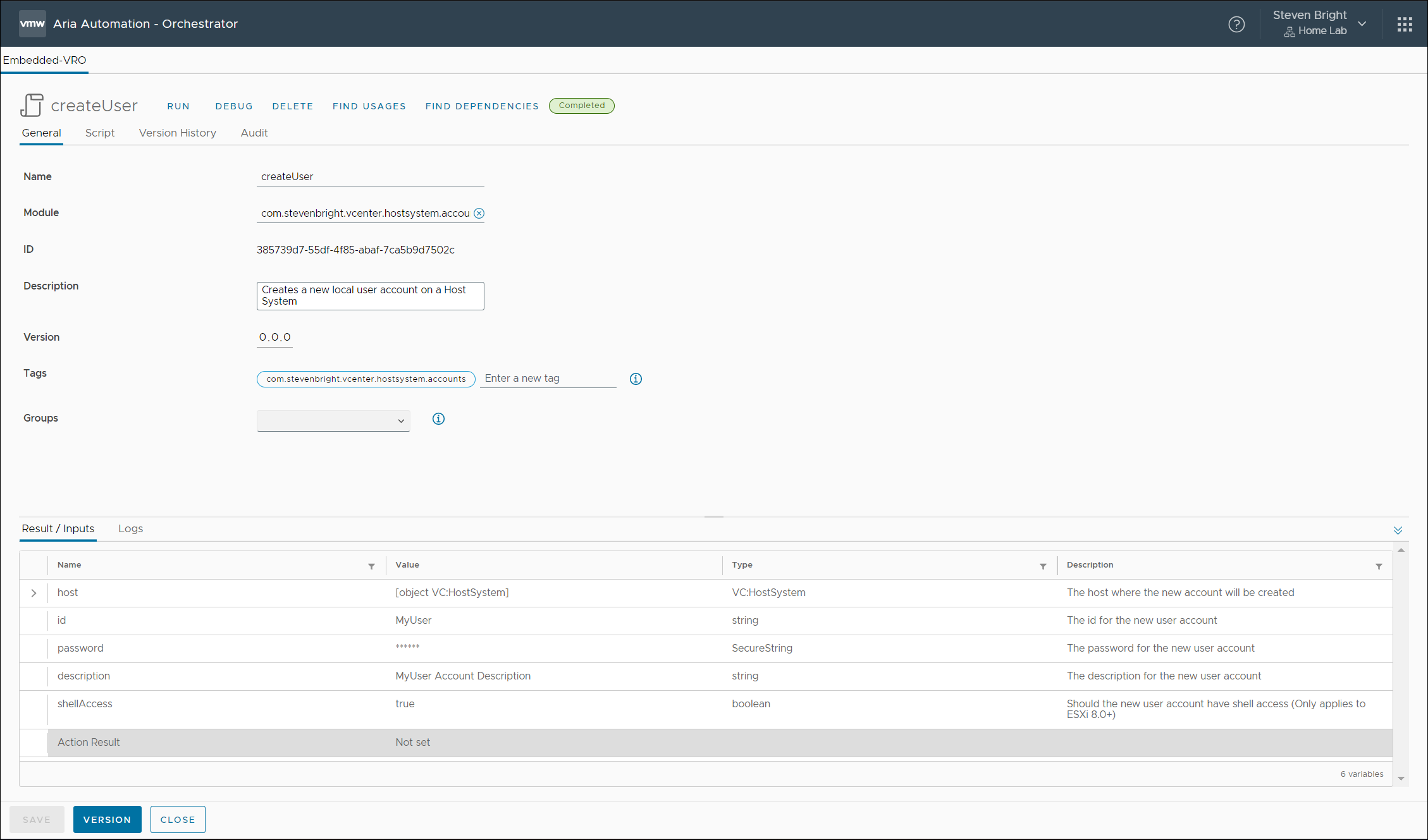Screenshot of the VMware Aria Automation Orchestrator Action Results showing the creation of a new user account