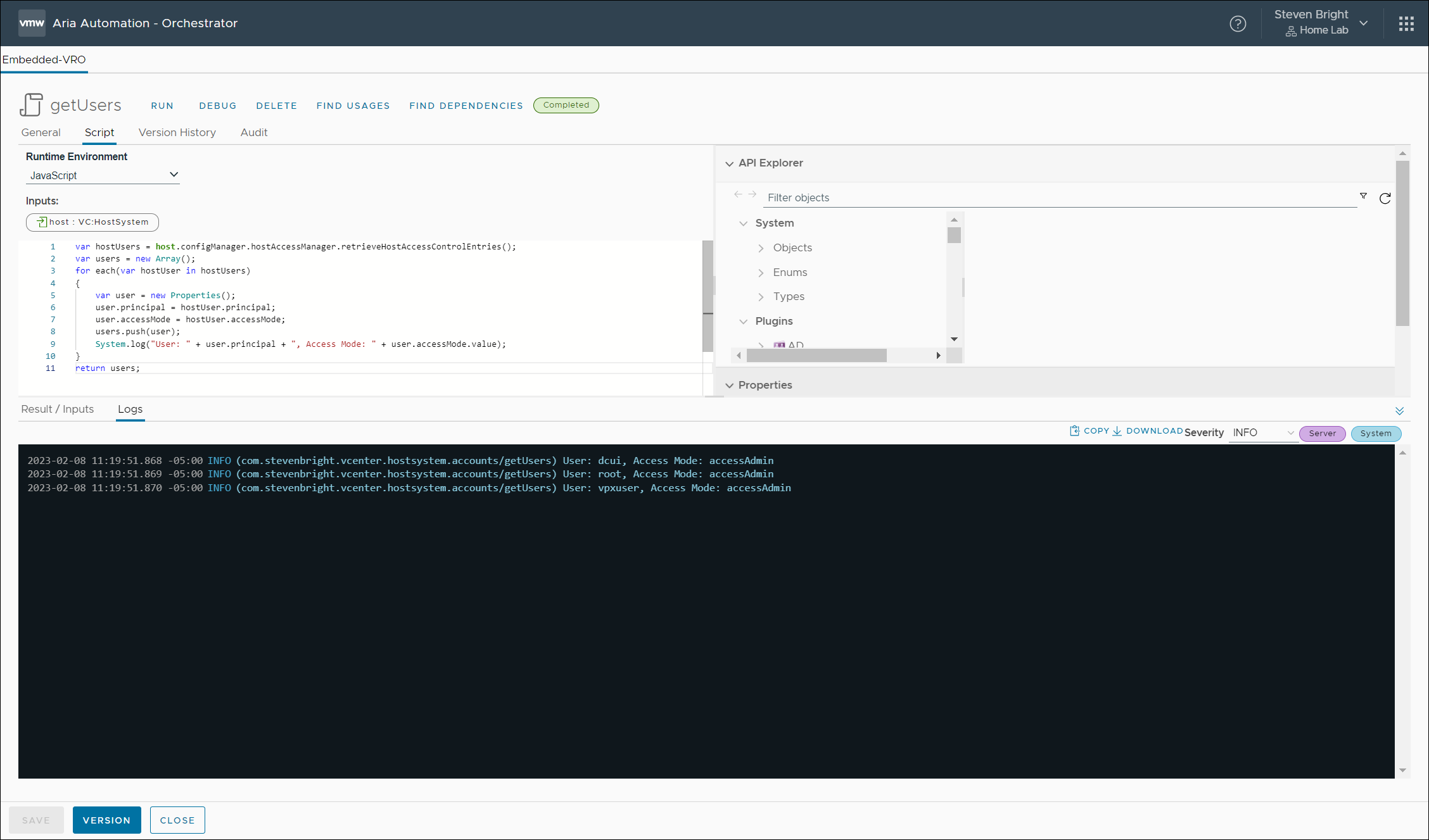 Screenshot of the VMware Aria Automation Orchestrator Action log listing VMware ESXi local user account objects