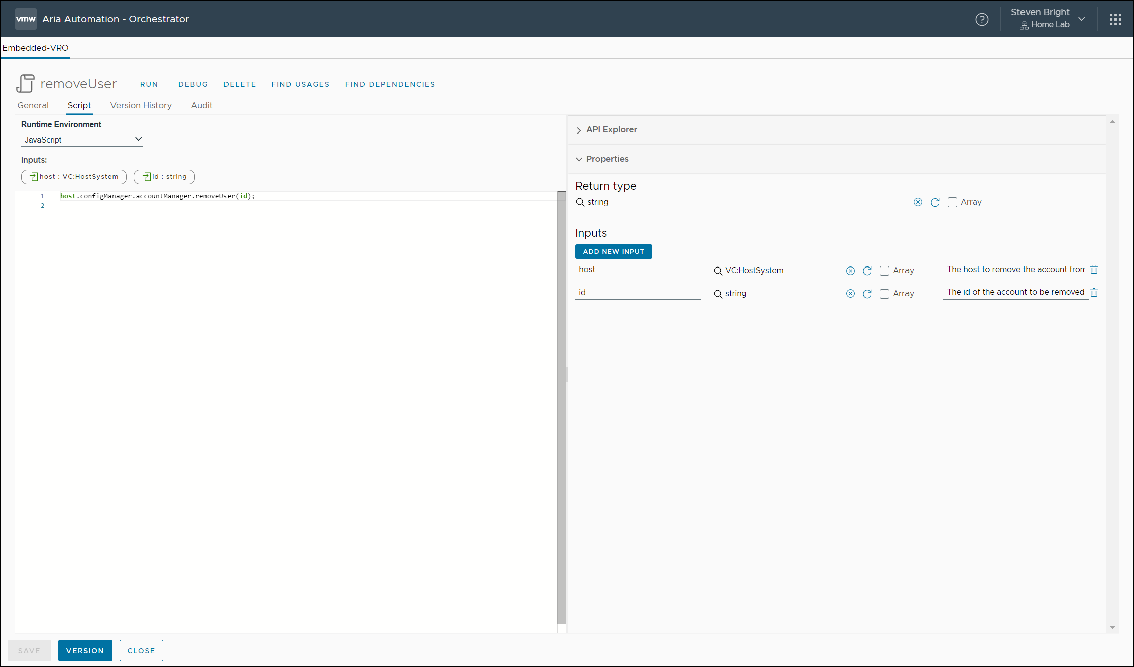 Screenshot of the removeUser action in VMware Aria Automation Orchestrator