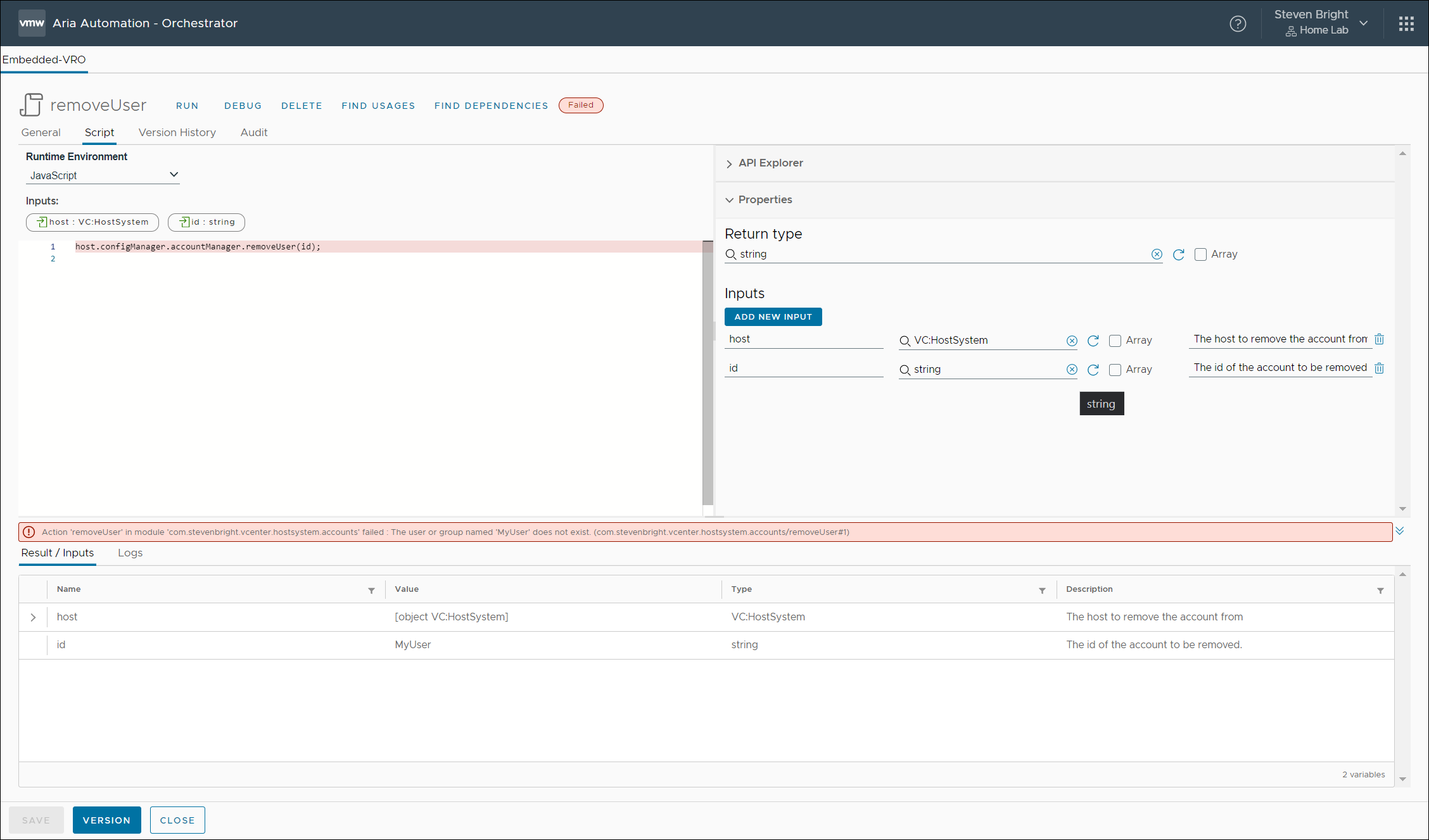 Screenshot of the removeUser action in Aria Automation Orchestrator generating an failed run due to missing user account