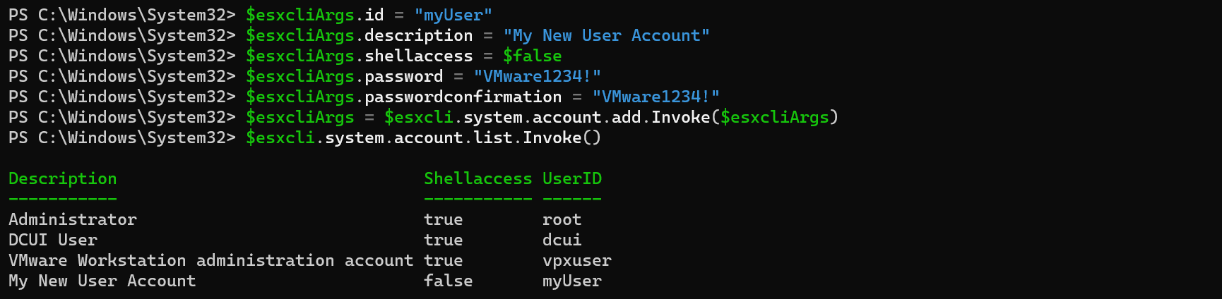 Screenshot showing the esxcli commands to create a new user account and list all user accounts to verify success
