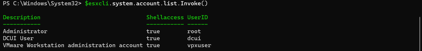 Screenshot showing the output of the $esxcli.system.account.list.Invoke() PowerCLI command