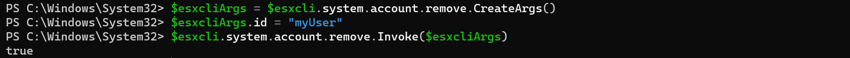 Screenshot showing the esxcli commands to delete a user account