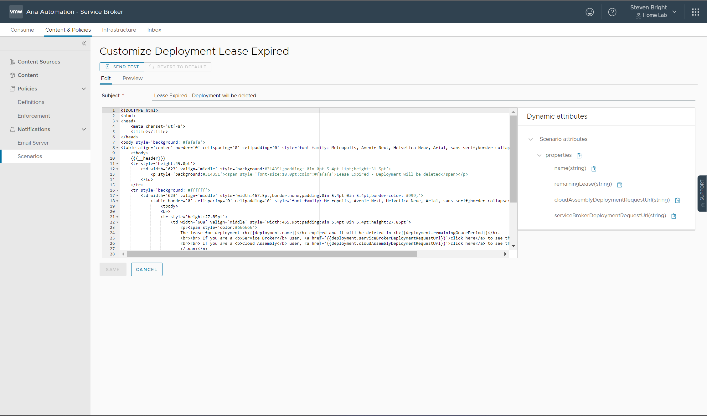 Screenshot of the new email customization form in Aria Automation Service Broker