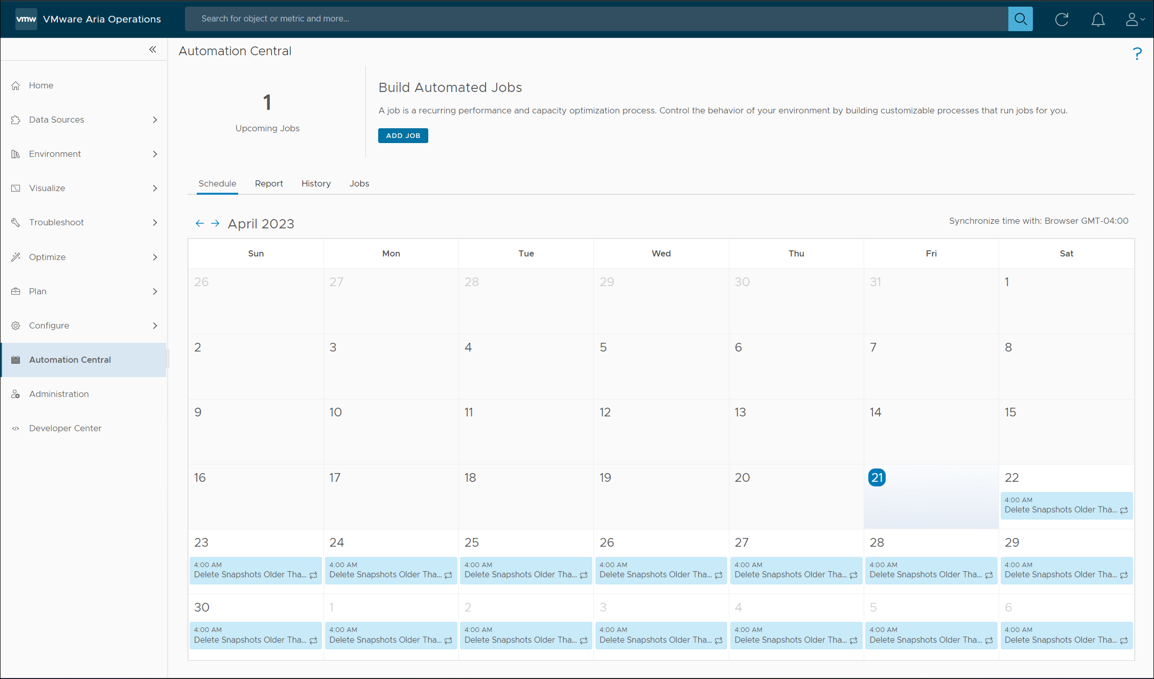 Screenshot of the VMware Aria Operations Automation Central Schedule View Showing the New Scheduled Job