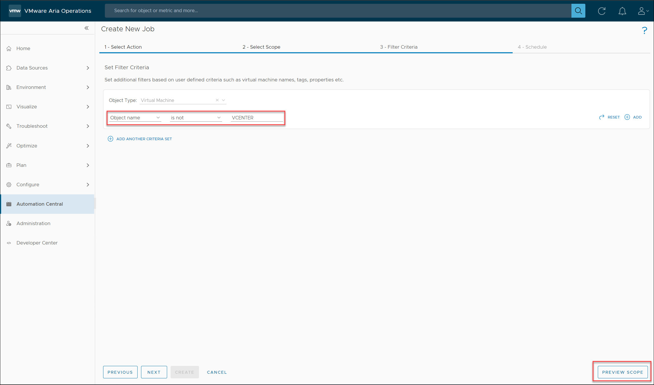 Screenshot of the Filter Criteria Step of the VMware Aria Operations Automation Central New Job Wizard