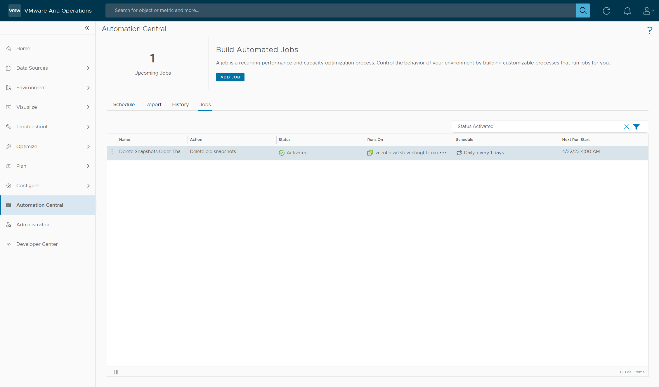 Screenshot of the VMware Aria Operations Automation Central Jobs List