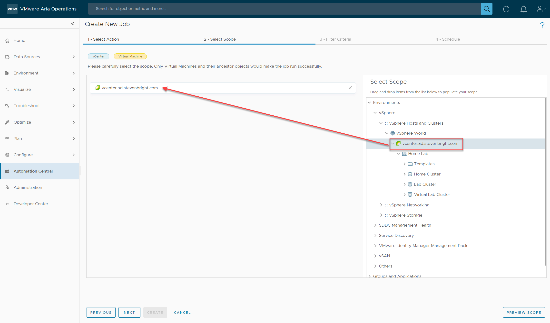 Screenshot of the Select Scope Step of the VMware Aria Operations Automation Central New Job Wizard