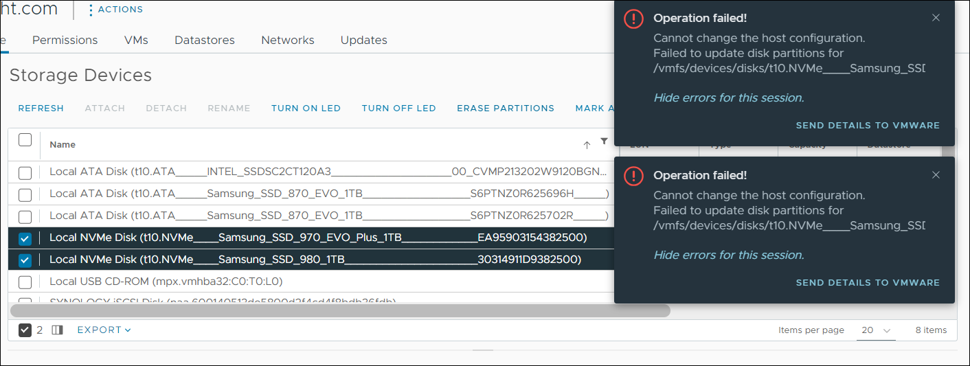Screenshot of the vSphere Client showing errors received when attempt to delete disk partitions.