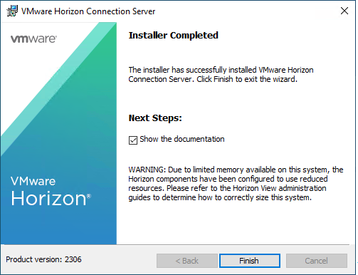 VMware Horizon Connection Server Installation Wizard - Installer Completed Screen