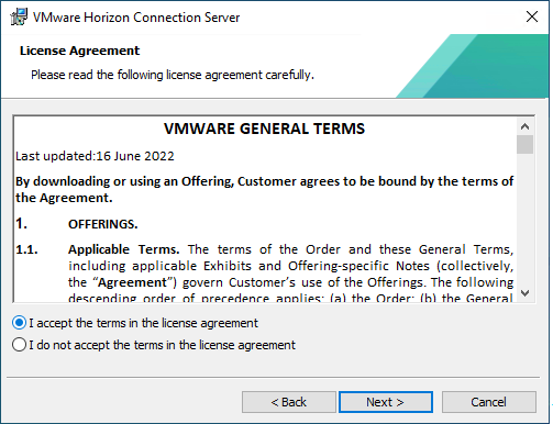 VMware Horizon Connection Server Installation Wizard - License Agreement Screen