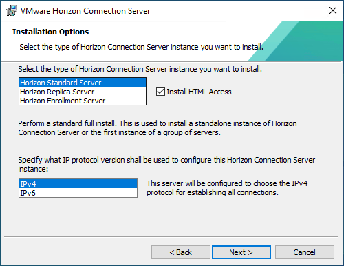 VMware Horizon Connection Server Installation Wizard - Installation Options Screen