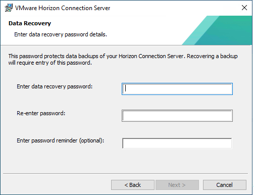 VMware Horizon Connection Server Installation Wizard - Data Recovery Screen
