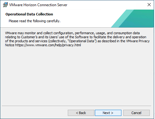 VMware Horizon Connection Server Installation Wizard - Operational Data Collection Screen