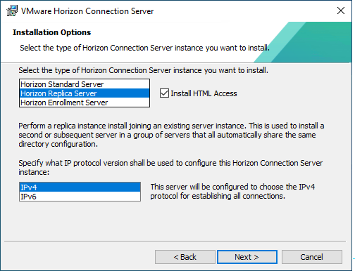 VMware Horizon Connection Server Installation Wizard - Installation Options Screen with Horizon Replica Server Selected