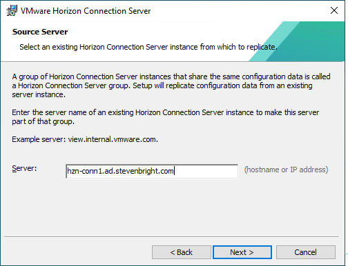 VMware Horizon Connection Server Installation Wizard - Source Server Screen