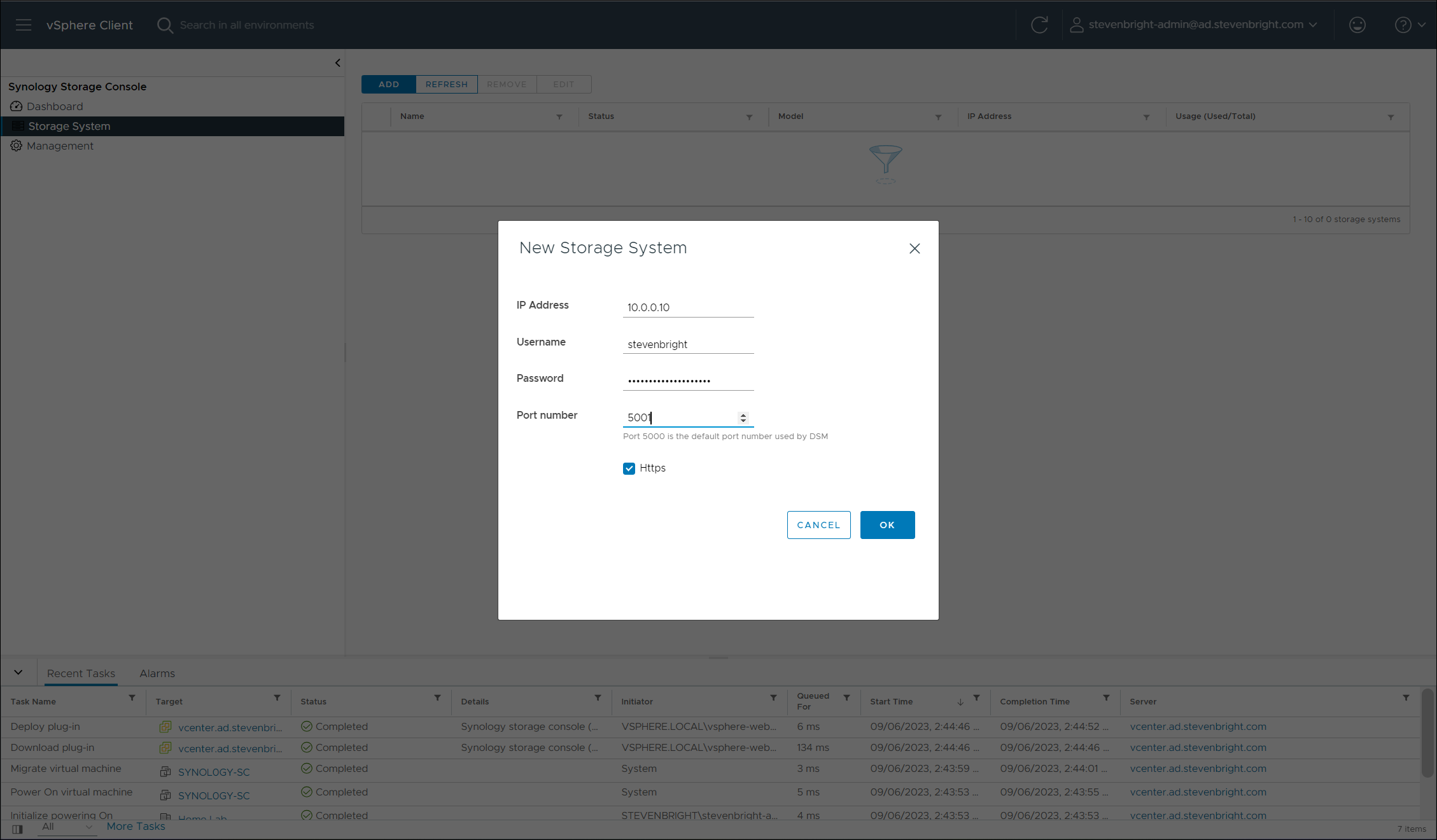 Synology Storage Console for VMware - New Storage System Dialog