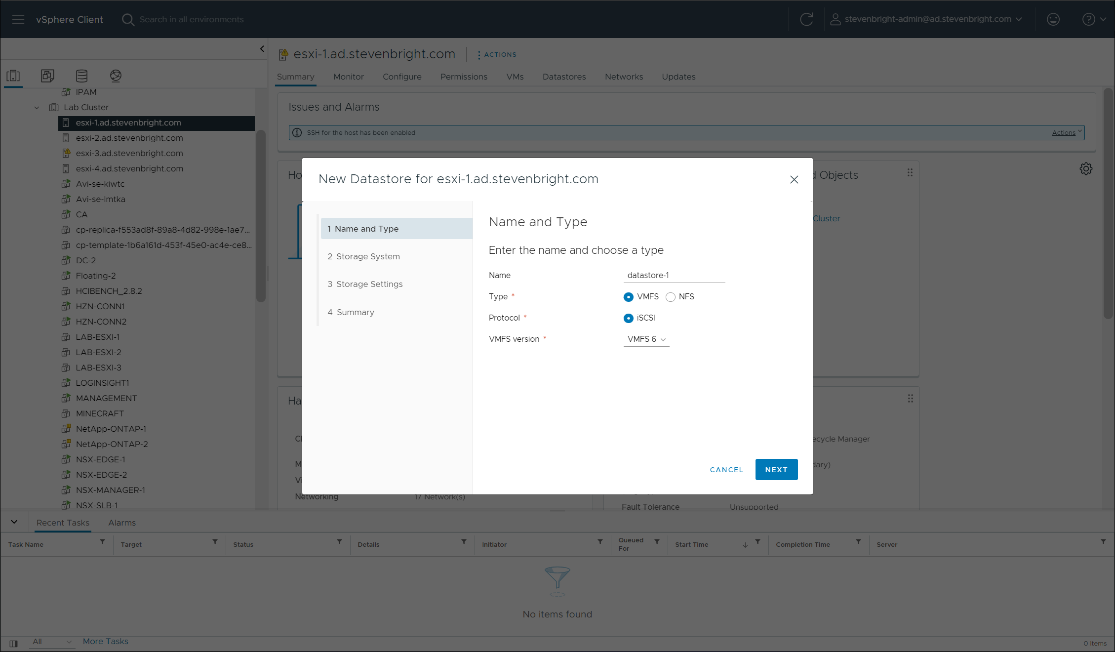 VMware vSphere Client - Synology Storage Console Optimize - New Datastore Wizard - Step 1