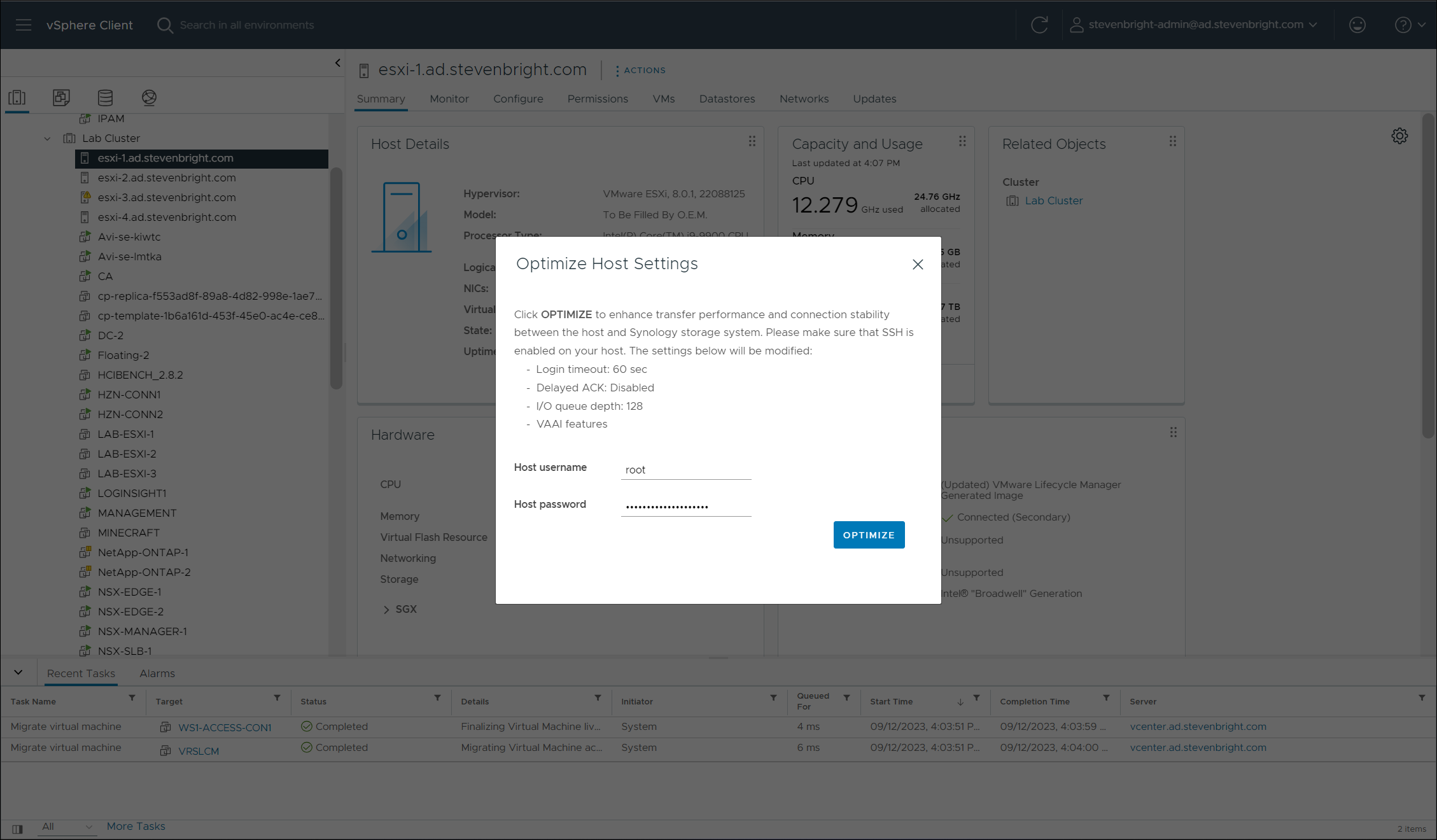 VMware vSphere Client - Synology Storage Console Optimize Host Settings Dialog