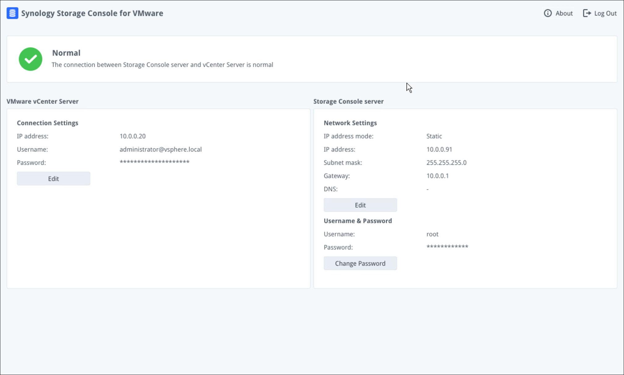 Virtual appliance configuration screen for the Synology Storage Console for VMware 