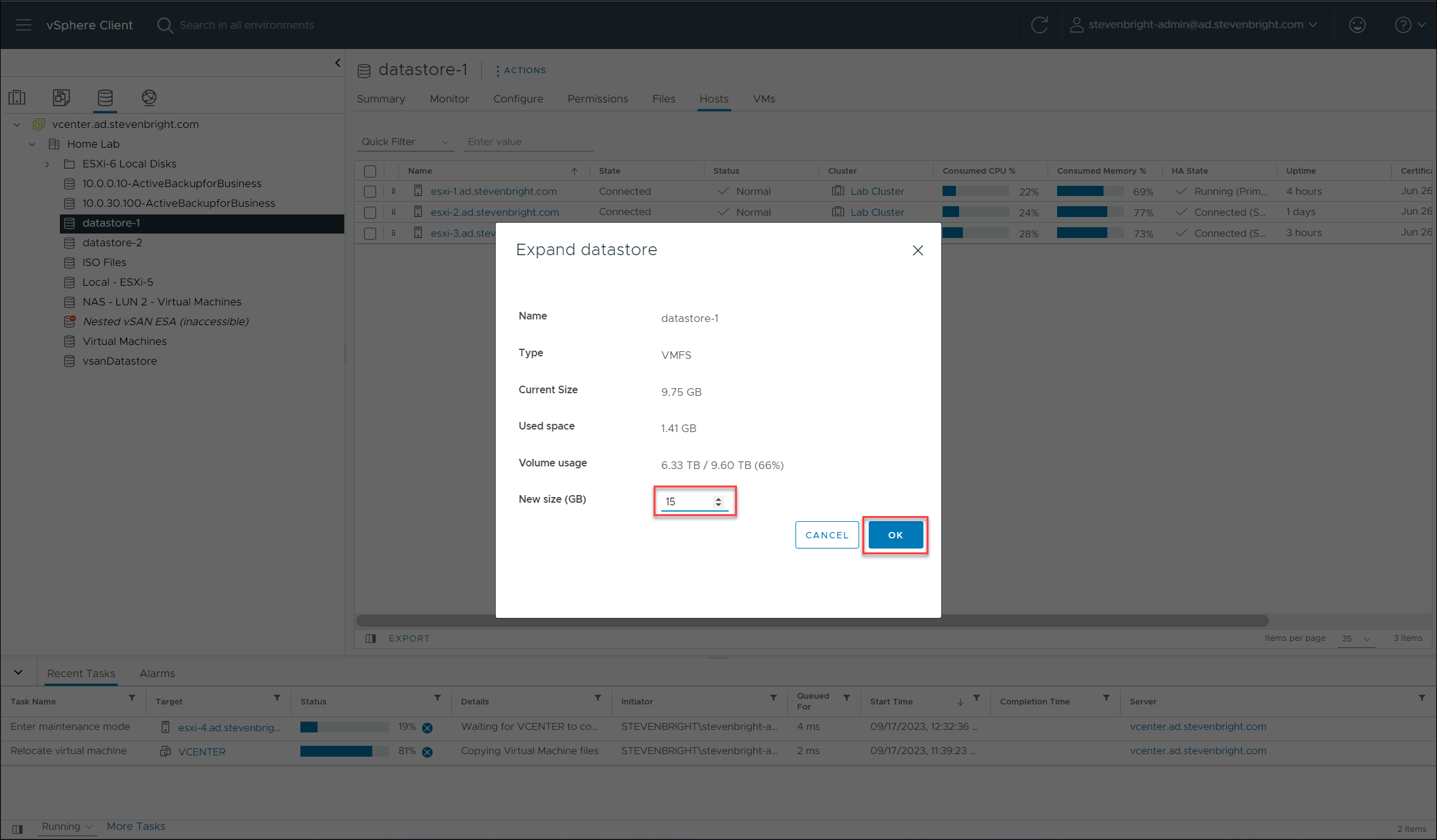 VMware vSphere Client - Synology Storage Console - Expand Datastore Dialog