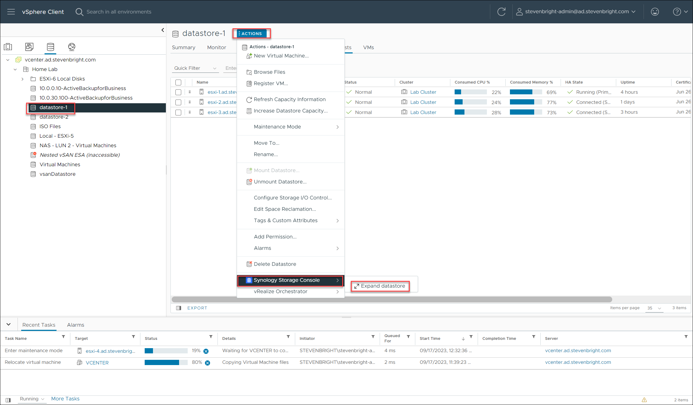 VMware vSphere Client - Accessing the Synology Storage Console Expand Datastore Option