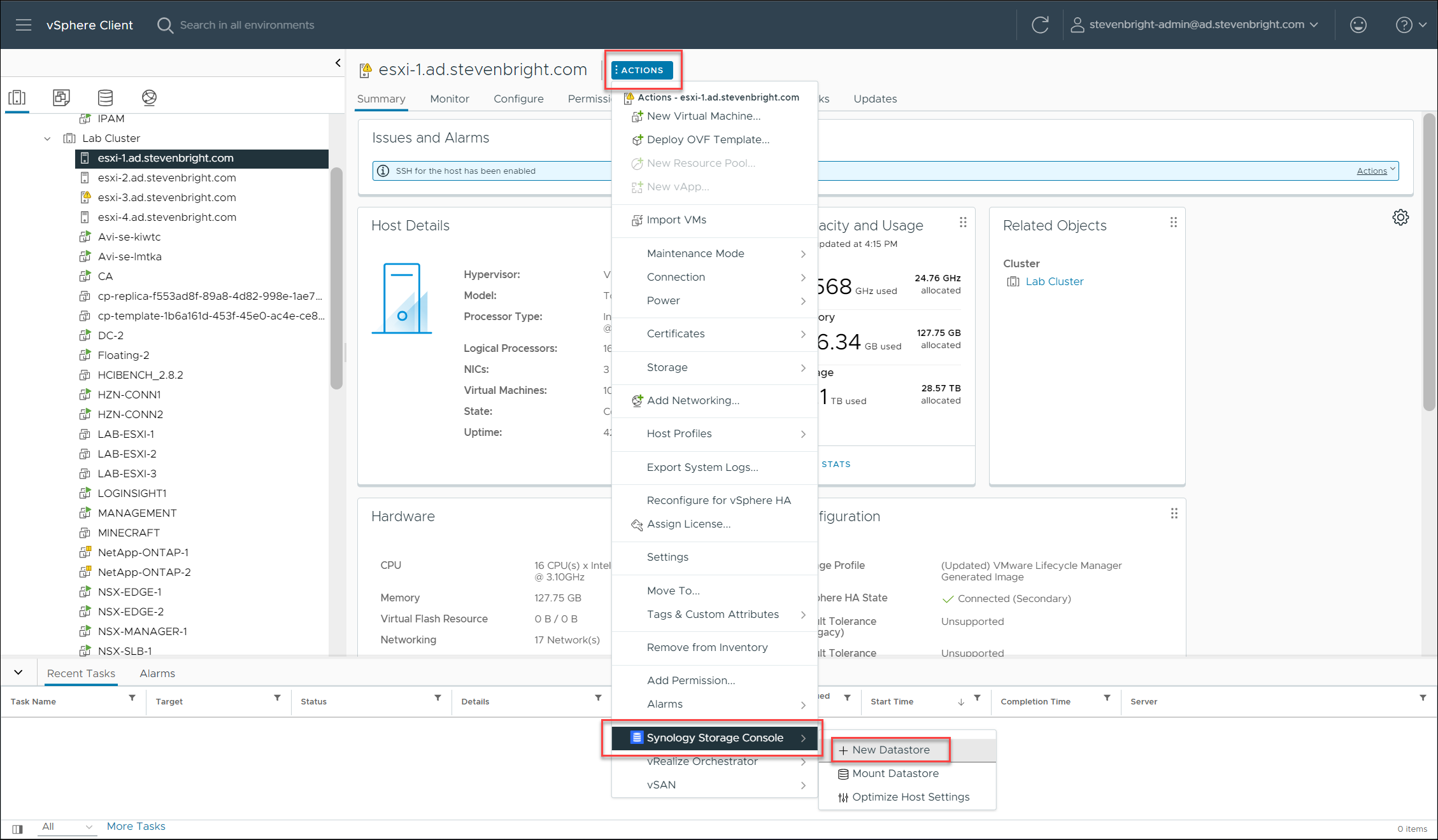 VMware vSphere Client - Accessing the Synology Storage Console New Datastore Option