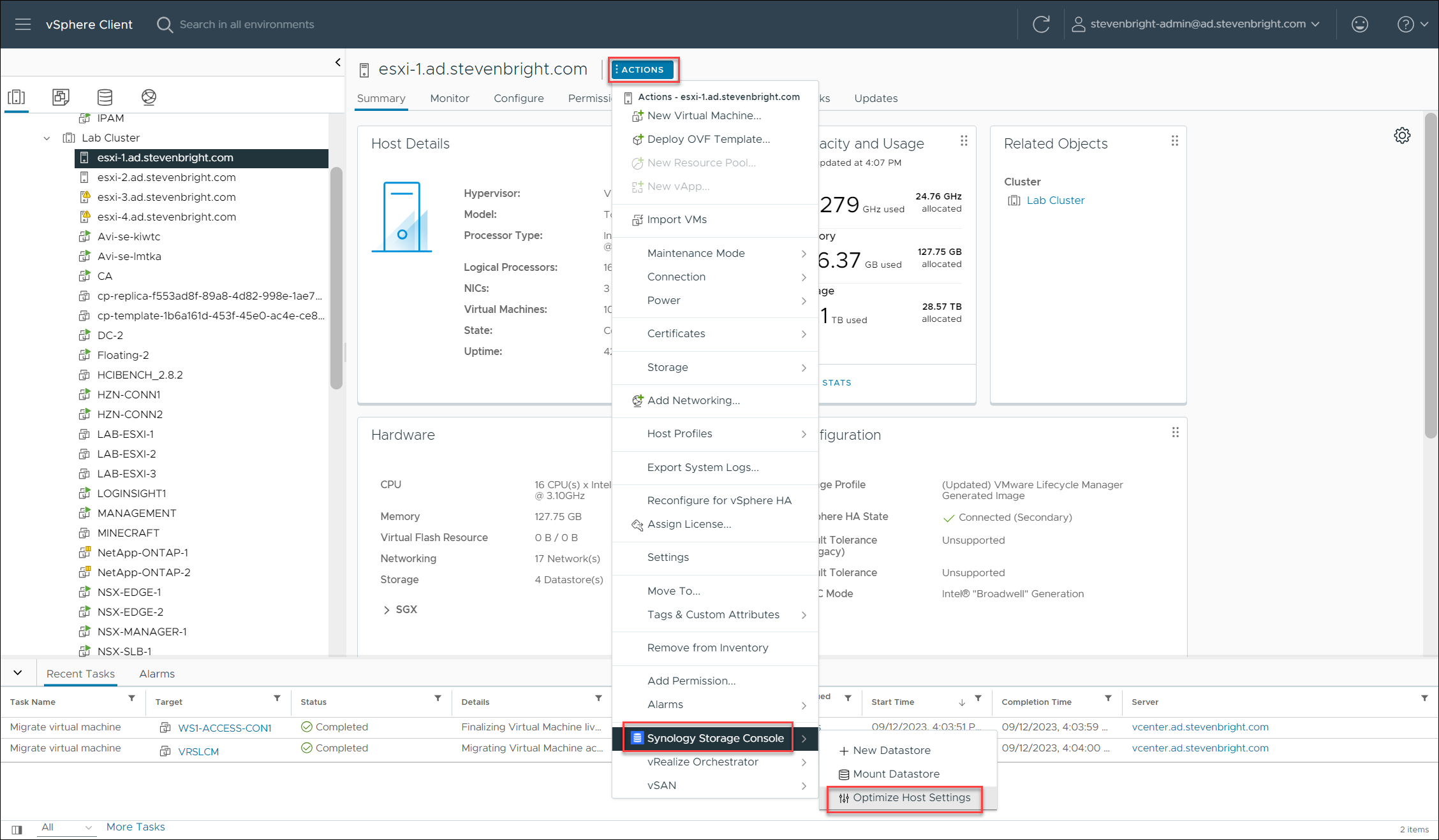VMware vSphere Client - Accessing the Synology Storage Console Optimize Host Settings