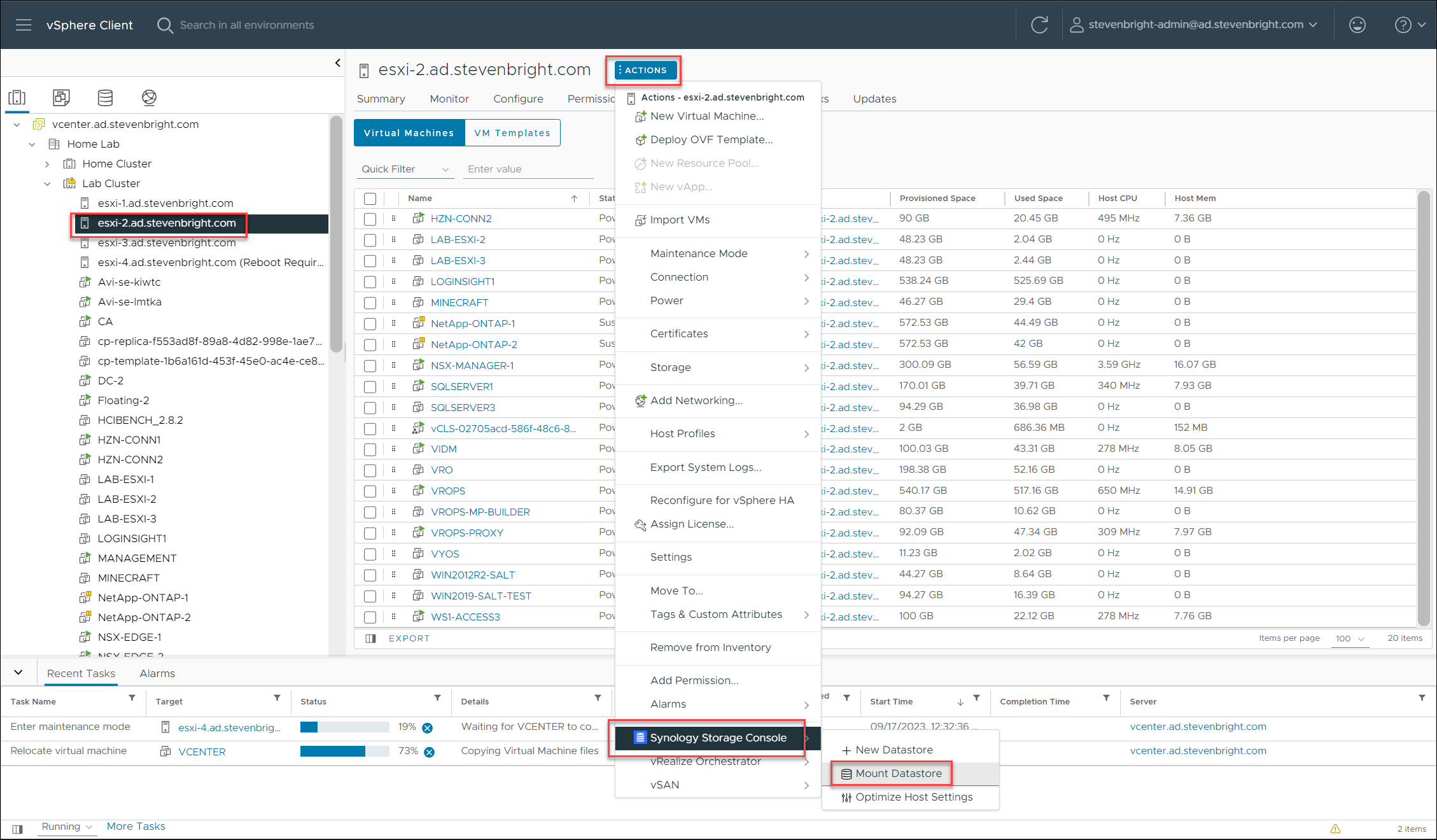 VMware vSphere Client - Accessing the Synology Storage Console Mount Datastore Option