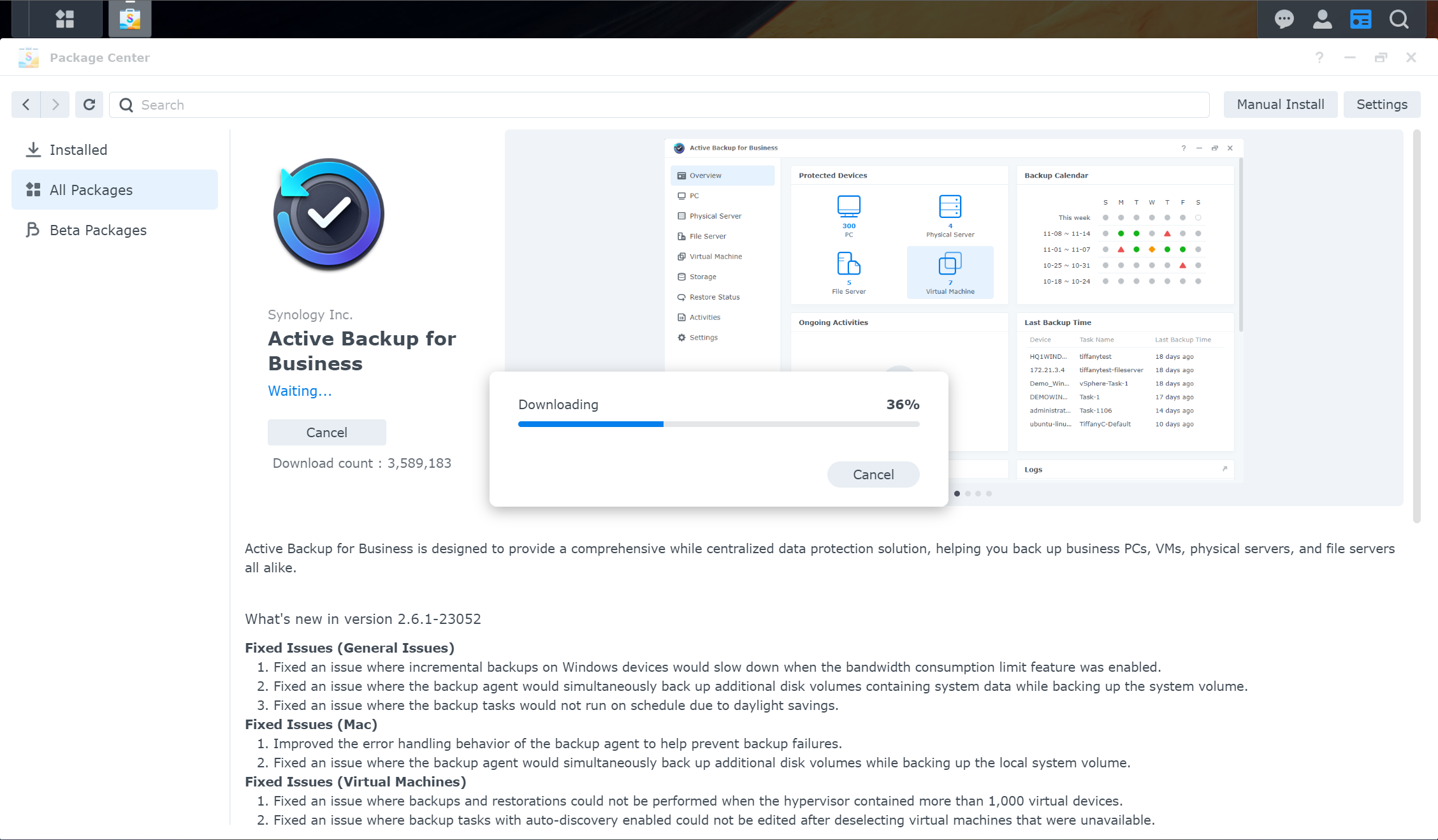 Screenshot showing Synology Active Backup for Business within the Synology Package Manager Installing